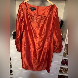 Elegant Glow: Burnt Orange Satin A-Line Dress with Rhinestone Accents (Size 20)
